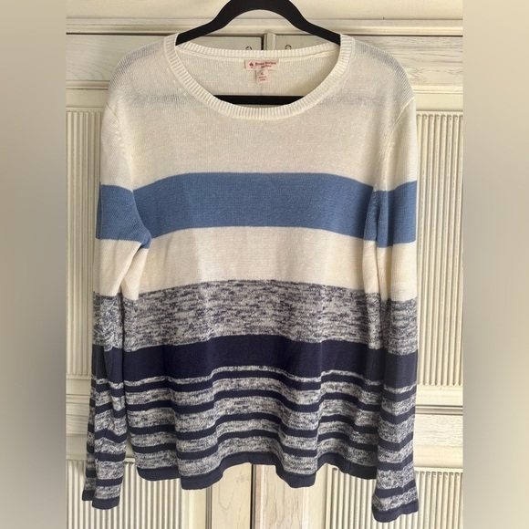 Sweaters - BROOKS BROTHERS Women’s Linen Striped Crewneck Sweater Blue and White XL